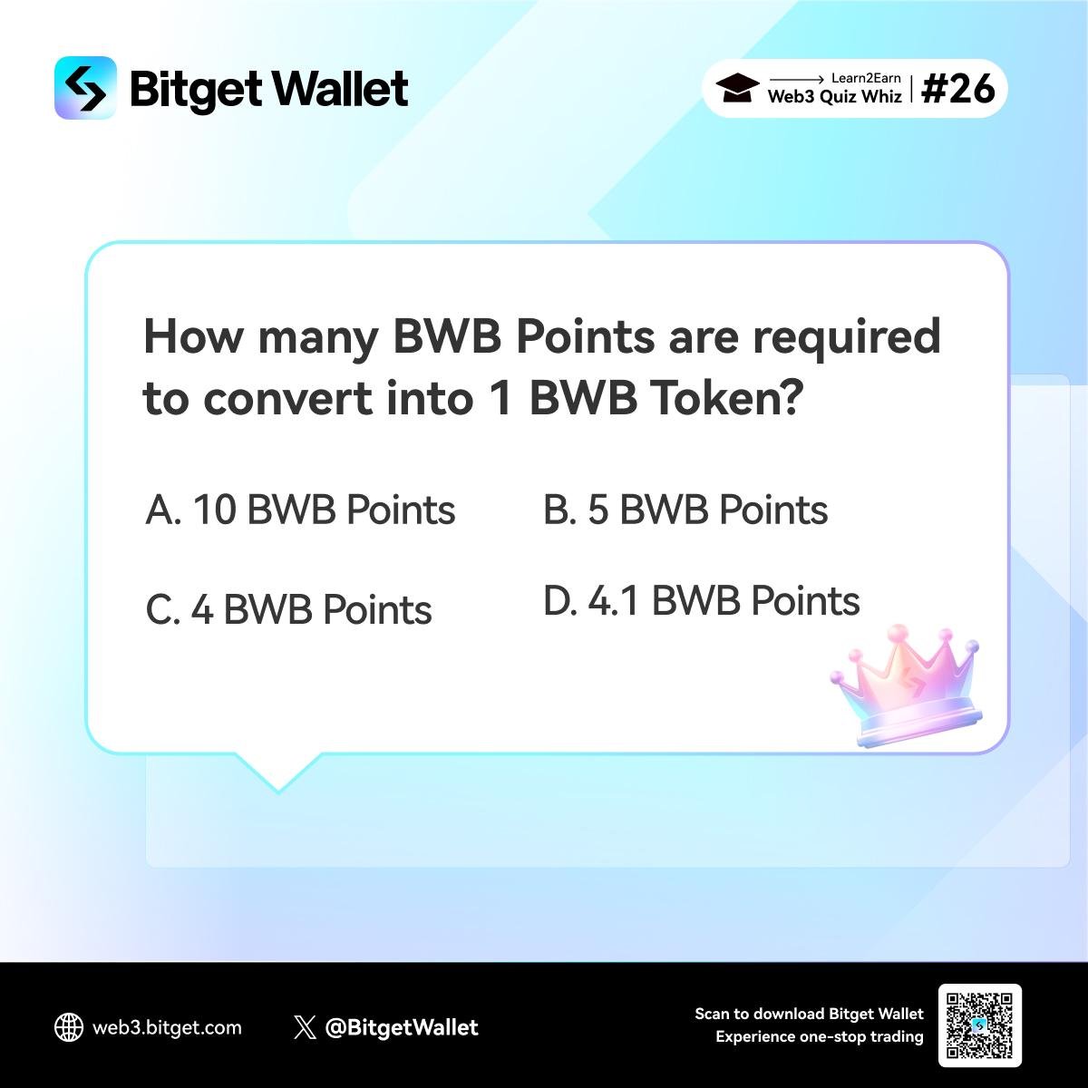 ✨ Welcome to the 26th round of #BitgetWallet's Quiz Whiz!

#BWBPoints conversion for $BWB is about to start. Are you ready? Now, let's dive into our latest single-choice challenge. 

To enter, drop your correct answer along with your EVM address in the comments. Among the