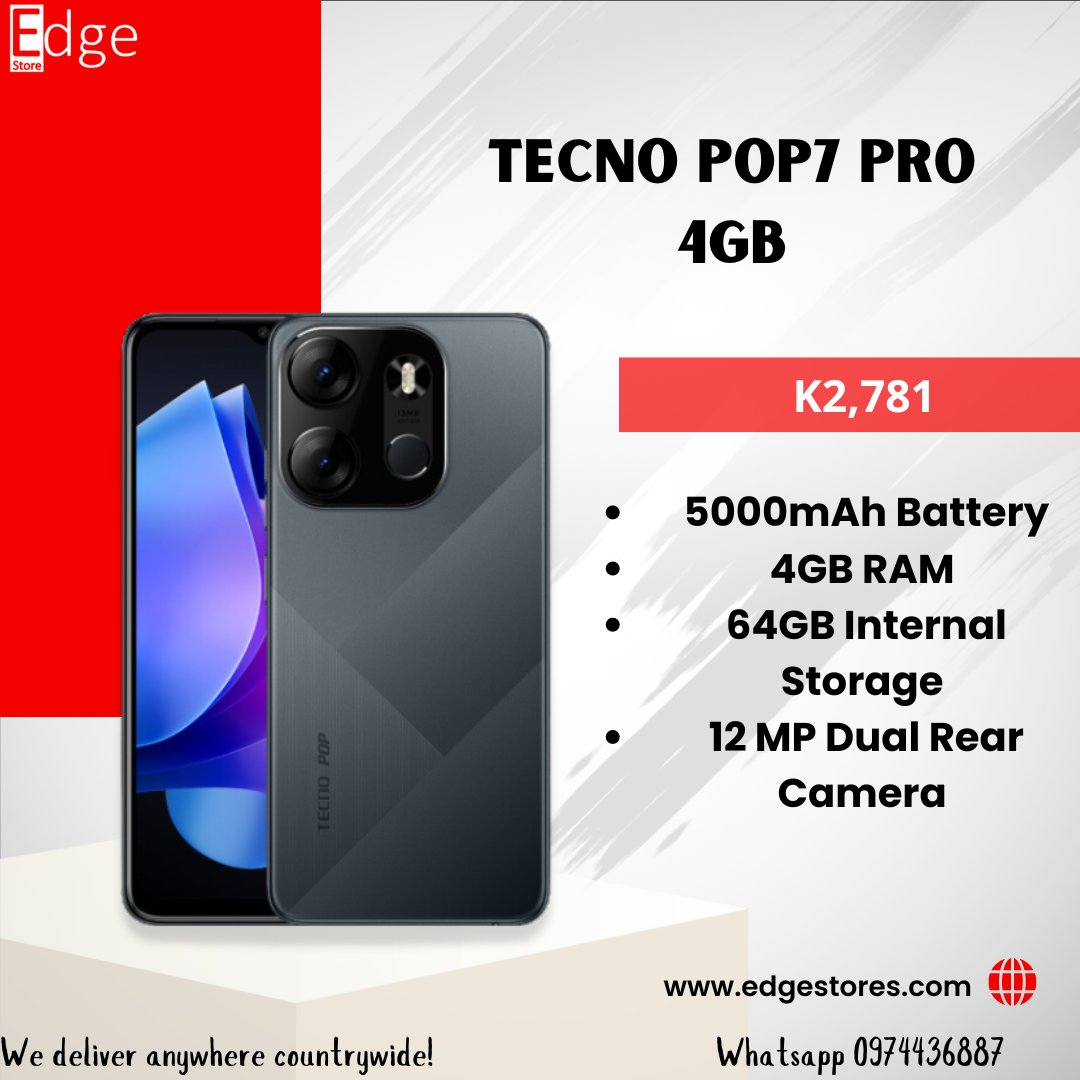 Experience the ultimate in mobile innovation with the Tecno Pop 7 series! 📱✨ Don't miss out – WhatsApp us on 0974436887 or visit edgestores.com to get yours today! #TecnoPop7 #Edgestores