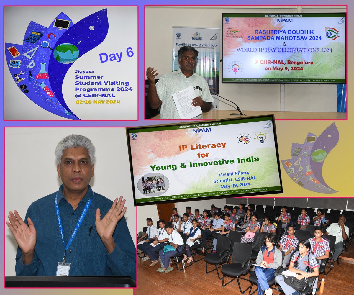 राष्ट्रीय बौद्धिक संपदा महोत्सव and world intellectual property day under JIGYASA at CSIR-NAL on 9 May 2024. Lecture on 'IP literacy for Young & Innovative India' for school children by Mr Vasant R Pilare, Head, IPR, CSIR-NAL. @CSIR_IND @CsirJigyasa