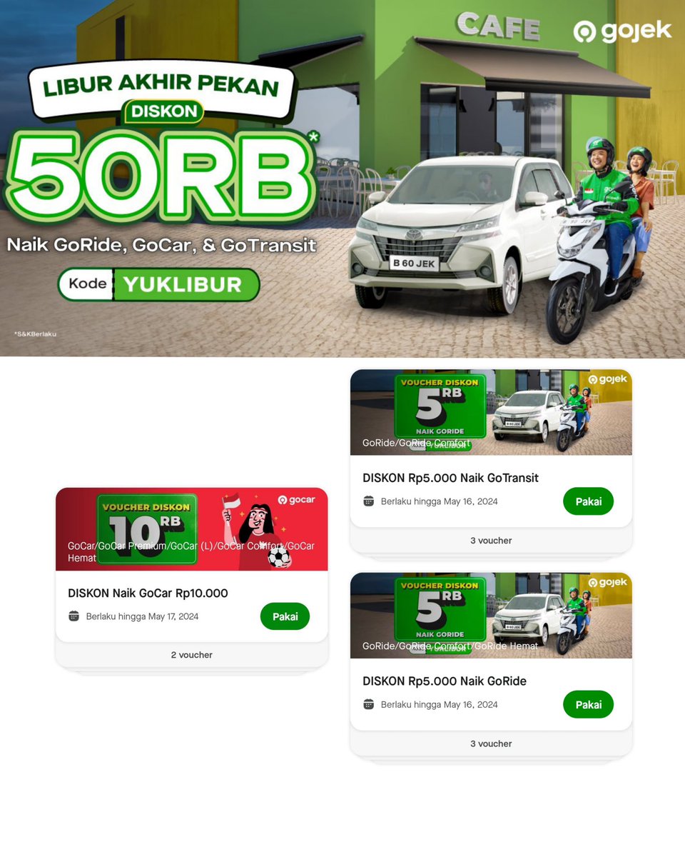 discountfess's tweet photo. Cung siapa kayak aku sering kelewatan promo Gojek!?? Aku kemaren iseng cari2 dan kumpulin promonya ni ternyata banyak bgt guys yang masih bisa diklaim!! 
- Cobain LEBIHHEMAT tp ini keknya ga di semua kota, udh ada vocer goride, gocar ama gofood. Cek kotamu dipict 1 ya, kabarin kalau bisa dikota lain yaa
- GOJEKHEMAT wah ini lumayan bingitt vocernya banyak wkwk, btw aku dom Bandung bisa, temenku yg di Semarang, Jogja ama Solo jg bisa, buruan dicobain juga drpd kehabisan, dpt vocer goride, gocar ama gofood
- nah pas bgt ni lagi long weekend gni ada YUKLIBUR ini voucernya gede2 pula, cepetan dipake!! 
- Beli GOJEK PLUS ini sih dapet voucernya bisa ribuan wkwk, the best kalau tiap hari kita pake layanannya goride / gocar atau sering ngegofood atau kirim2 barang lewat gosend, cuman 18rb dpt vocer sebanyak buat 3 bln wkwkwk kenyang voucher.. 

goodluck! jangan lupa SAVE or replyy kalau ada promo2 lain ya gaes, biar kita bisa sharing2 hihi🙌🏻