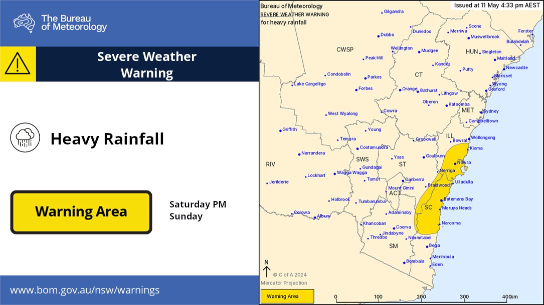 The #SevereWeatherWarning for #HeavyRainfall along southern parts of the #NSW coast has just been reissued. More moderate to possibly heavy #rainfall expected there overnight. Check the latest #warning details here: ow.ly/SXHu50RCjZp