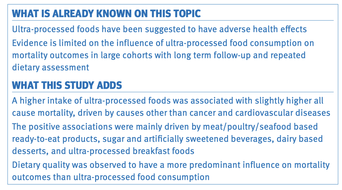 ⬆️ intake of ultra-processed foods associated with higher all cause mortality Driven by causes other than cancer and cardiovascular diseases >30 yr follow-up study bmj.com/content/385/bm…