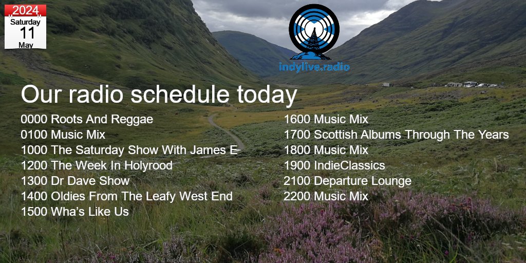 INDY LIVE RADIO - a new voice for a new Scotland Today's schedule, Sat 11 May 2024 Full schedule indylive.radio/radioschedule Listen on indylive.radio Get the Indy Live Radio mobile app or say 'ALEXA, play Independence Live Radio Scotland'