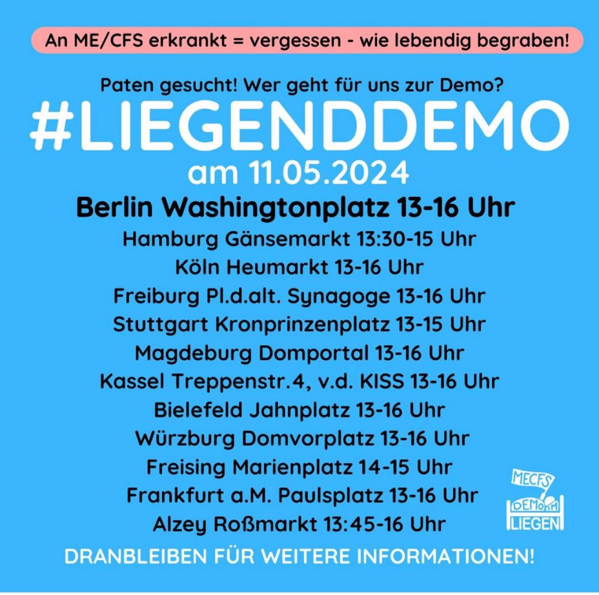 Sie können Ihren Kollegen und andere betroffene unterstützen, indem Sie morgen zur #Liegenddemo kommen und berichten.💙 In Berlin und deutschlandweit. 

#MECFS #PostCovid #PostVac #longcovid #Belastungsintoleranz #mecfsawareness #PEM #MyalgischeEnzephalomyelitis #liegenddemo