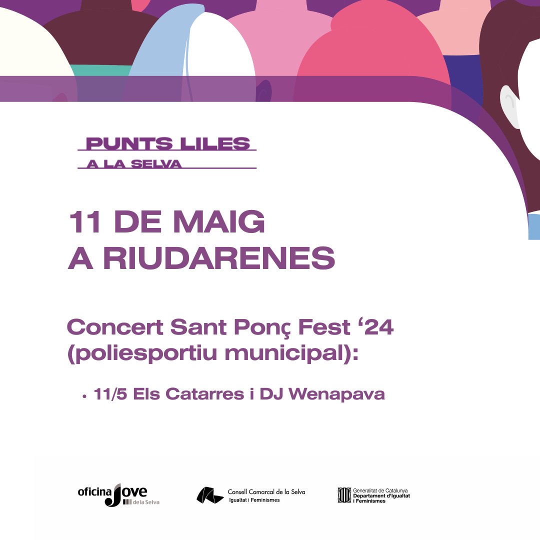 ojlaselva's tweet photo. Avui #puntlila al Concert de Sant Ponç Fest '24 de @ajriudarenes. Projecte organtizat per @ojlaselva i Igualtat de @comarcaselva duen a terme #PuntsLiles als ajuntaments de la comarca i amb el suport de @igualtatcat i igualdadgob subdelegació del Govern Girona https://t.co/97H1D2gIAz