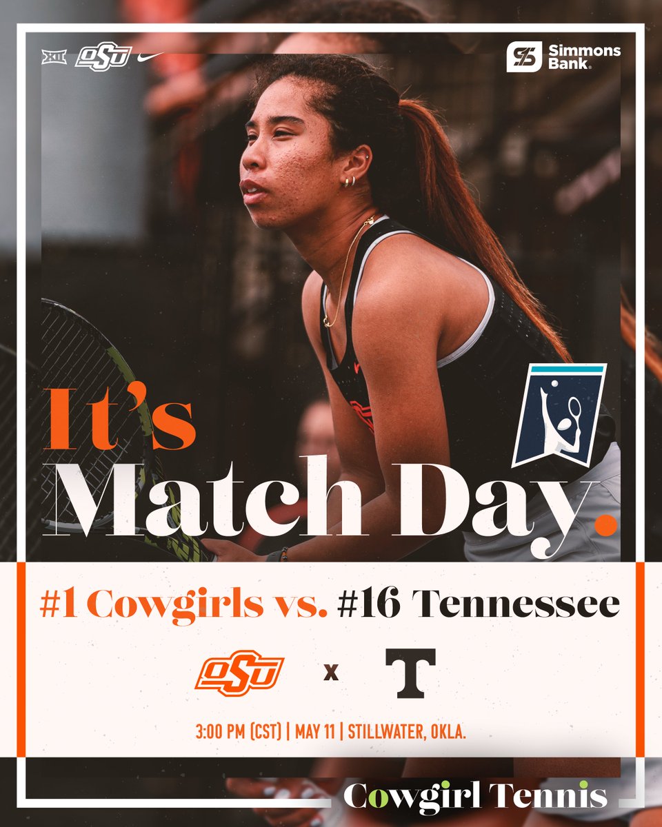 Sweet 16 at the GTC 🎾 🆚 No. 16 Tennessee ⏰ 3 p.m. CT 📍 Greenwood Tennis Center 🎟️ okstate.evenue.net/list/TENNIS 📺 youtube.com/watch?v=0F7jwx… 📊 ioncourt.com/ties/663a78f97… #GoPokes | @simmons_bank