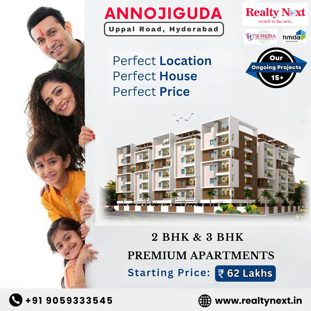 2 & 3 BHK Premium Apartments Starting at ₹62 Lakhs in Annojiguda, Uppal Road, Hyderabad by Realty Next...
Call Now: 9059333545 
#realtynext #annojiguda #HomeSweetHome  #DreamHome #RealEstate #Hyderabad #flats  #investments #property #Trending #Telangana  #offers #apartment
