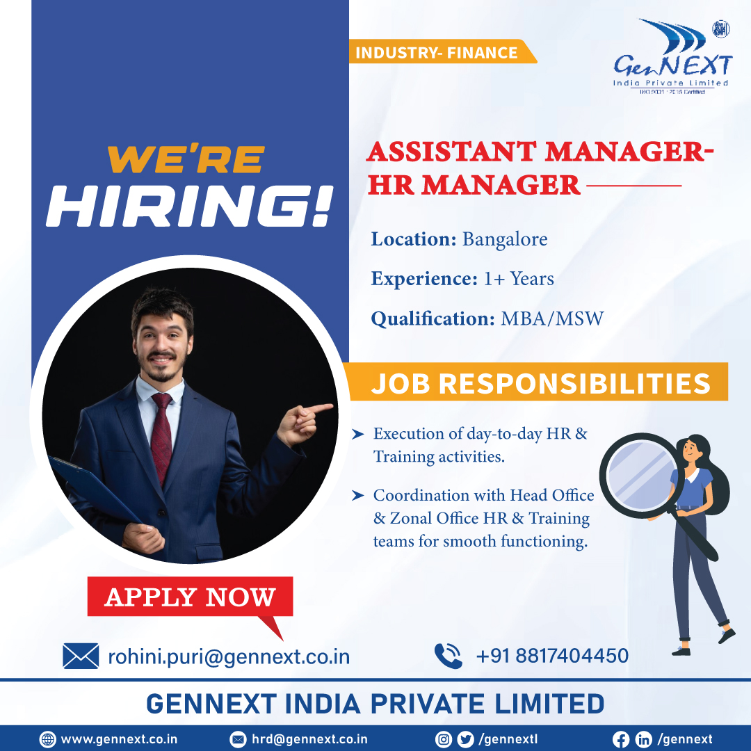 #UrgentHiring 💼📢🎯 Position: Assistant Manager- HR Manager Location: Bangalore #AssistantManager #HRManager #Bangalore #MBA #MSW #hiringnow #jobsearching #jobsearch #Recruitment2024 #jobvacancy2024 #nowhiring #jobopenings2024 #gennextjob #gennexthiring #GenNext #hiring2024