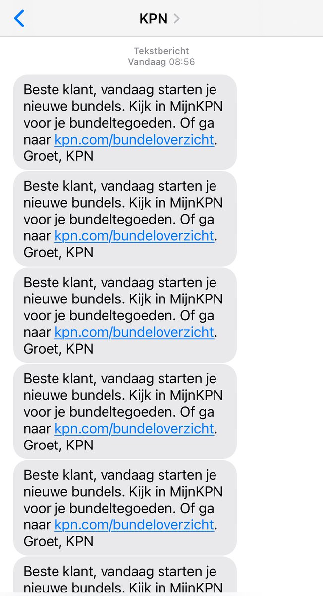 Beste ⁦<a href="/KPNwebcare/">KPN Webcare</a>⁩ ik vind het top dat ik weer nieuwe bundels krijg. Maar 5+ berichtjes? 🤪 eentje is ook goed hoor. De berichten blijven binnenkomen 😜