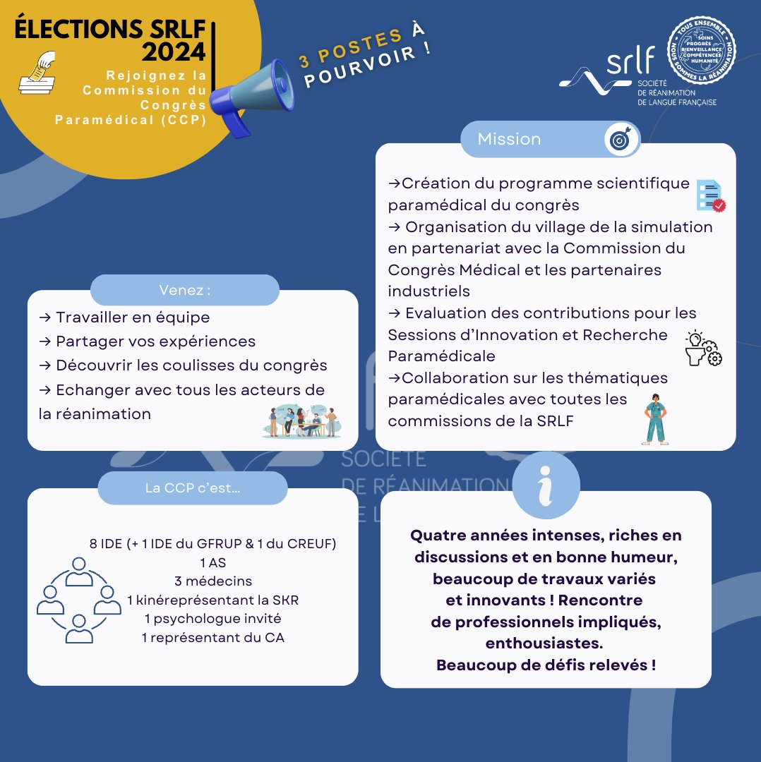 Elections SRLF 2024 : candidatez à la Commission du Congrès Paramédical ! 😀 CV+LM+Formulaire sur 👉 zurl.co/oFB7 Liste de tous les postes à pourvoir : zurl.co/ESgM #SRLF #CongrèsRéanimation #Paramédicaux