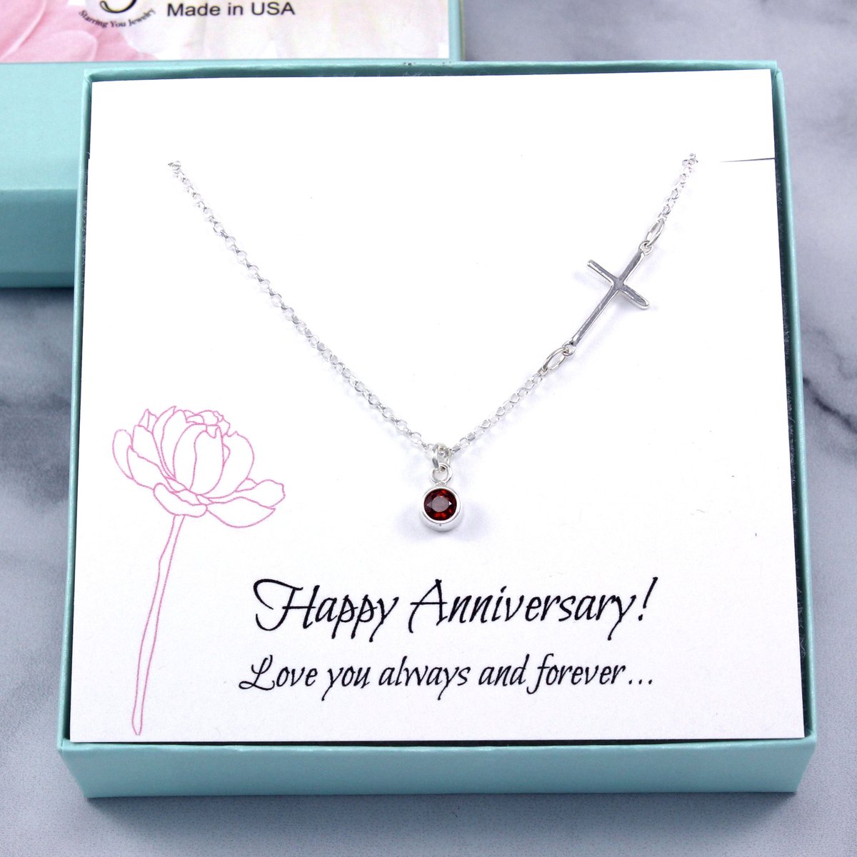 Anniversary Gift: Dainty personalized birthstone necklace with small sideways cross pendant in sterling silver for dating or wedding date tuppu.net/adee5507 #etsyshop #handmadejewelry #etsyfinds #Etsy #etsyjewelry #giftideas #etsygifts #shopsmall
