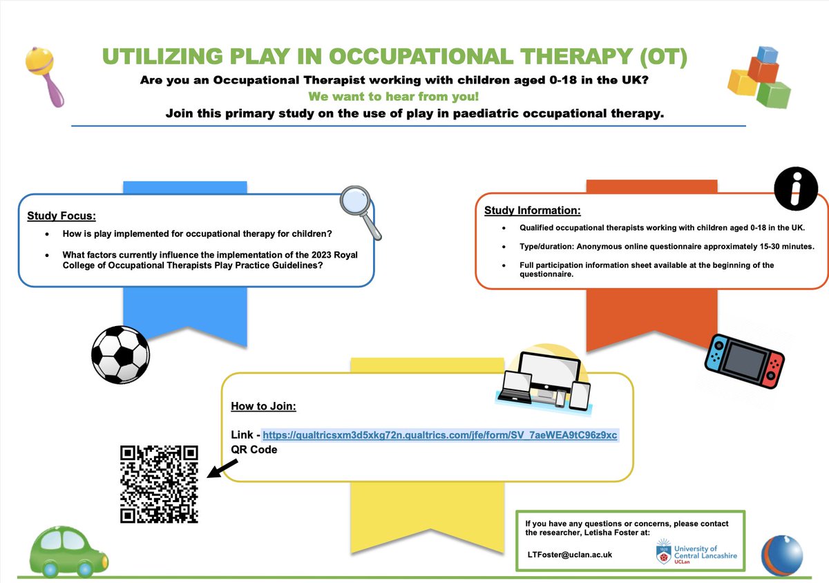 Are you a UK Occupational Therapist specializing in paediatric care (0-18)? Contribute to this study on the integration of play in paediatric occupational therapy, guided by the latest OT play guidelines. Your insights matter! @theRCOT #OccupationalTherapy #Pediatrics #Play