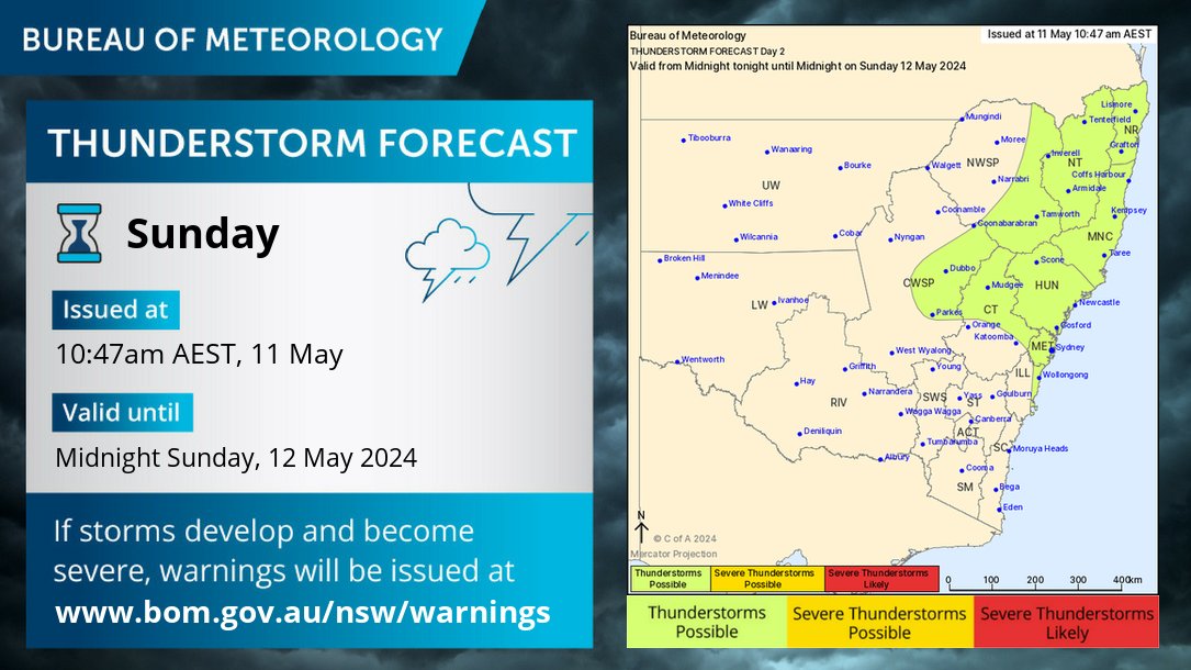 #Thunderstorms are expected across much of northeast #NSW #Sunday, mainly during the afternoon, and possibly affecting #Sydney too. Settled conditions are expected to mostly return by #Monday with less rainfall and no thunderstorms being forecast that day: bom.gov.au/nsw/forecasts/…