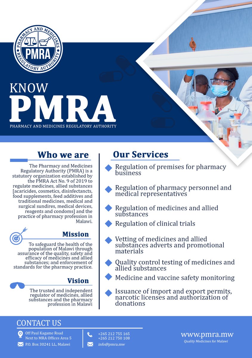 Know #PMRA, Malawi's national medicines regulatory authority...
#QualityMedicinesForMalawi
#GetInTouch
#PMRAMalawi