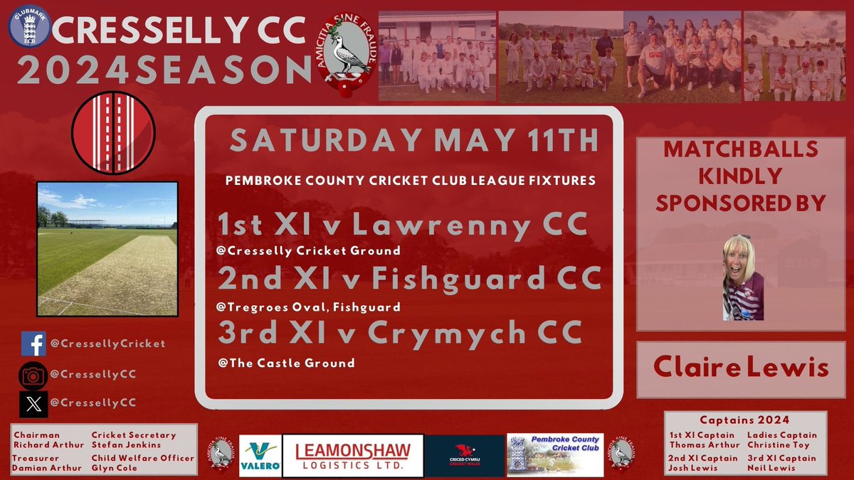 Cresselly CC (@cressellycc) on Twitter photo Saturday May 11th - Match day 1
1st XI v <a href="/LawrennyCC/">Lawrenny CC</a>
2nd XI v <a href="/FandGCCC/">Fishguard & Goodwick CCC</a>
3rd XI v <a href="/CricedCrymych/">Clwb Criced Crymych</a>
Match-balls kindly sponsored by Claire Lewis ❤️
🕊️
#UTD Saturday May 11th - Match day 1
1st XI v <a href="/LawrennyCC/">Lawrenny CC</a>
2nd XI v <a href="/FandGCCC/">Fishguard & Goodwick CCC</a>
3rd XI v <a href="/CricedCrymych/">Clwb Criced Crymych</a>
Match-balls kindly sponsored by Claire Lewis ❤️
🕊️
#UTD