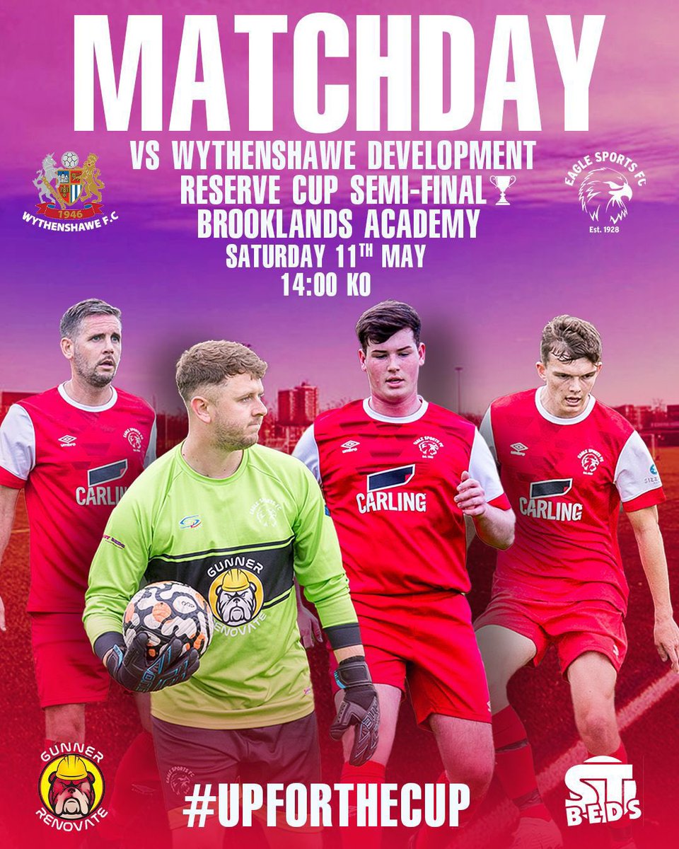 Eagle Sports FC (@eaglesportsfc) on Twitter photo Itโs Semi Final day for the Reserves as they travel to <a href="/WythenshaweFC/">Wythenshawe Football Club</a> Development, looking to book a place in the <a href="/CheshireFL/">Cheshire Football League โฝ๏ธ</a> Reserve Division Cup Final.
Kick off 2pm at Brooklands Academy, M23 9BP.
Second graphic created by supporter <a href="/charlieg1807/">Charlie Greenway</a> - great work ๐ Itโs Semi Final day for the Reserves as they travel to <a href="/WythenshaweFC/">Wythenshawe Football Club</a> Development, looking to book a place in the <a href="/CheshireFL/">Cheshire Football League โฝ๏ธ</a> Reserve Division Cup Final.
Kick off 2pm at Brooklands Academy, M23 9BP.
Second graphic created by supporter <a href="/charlieg1807/">Charlie Greenway</a> - great work ๐