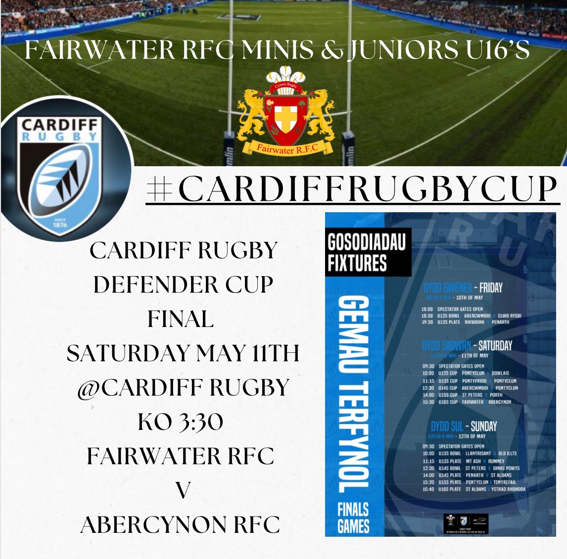 Today’s the day! 🔴⚪️⚫️🏉 we look forward to lots of club support down at the CAP to support the U16’s in their last minis&juniors players fixture. Today they play for the @CardiffRugbyCup #DefenderCupFinal best of luck lads, last push before start of your youth journey.