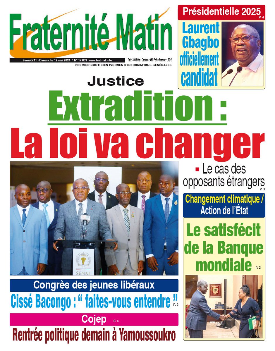 *** Abonnez-vous via ce lien forms.gle/ENBcegQSwbCT6k… et recevez en premier votre journal fraternité Matin à minuit *** Présidentielle 2025 Laurent Gbagbo Présidentielle 2025 Justice Extradition : La loi va changer Le cas des opposants étrangers