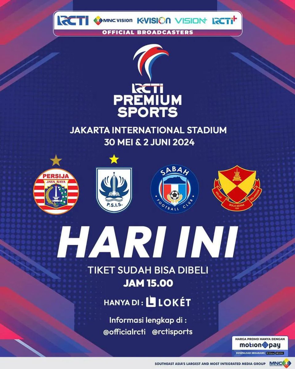 🚨 Pembelian tiket turnamen ‘RCTI Premium Sport’ yang akan digelar di Jakarta International Stadium (JIS) dapat dibeli mulai hari ini pukul 15.00 WIB melalui loket.com NB: Harga 1 tiket sudah termasuk untuk 2 hari Acara (4 pertandingan) dan/atau 2 gelang tiket.
