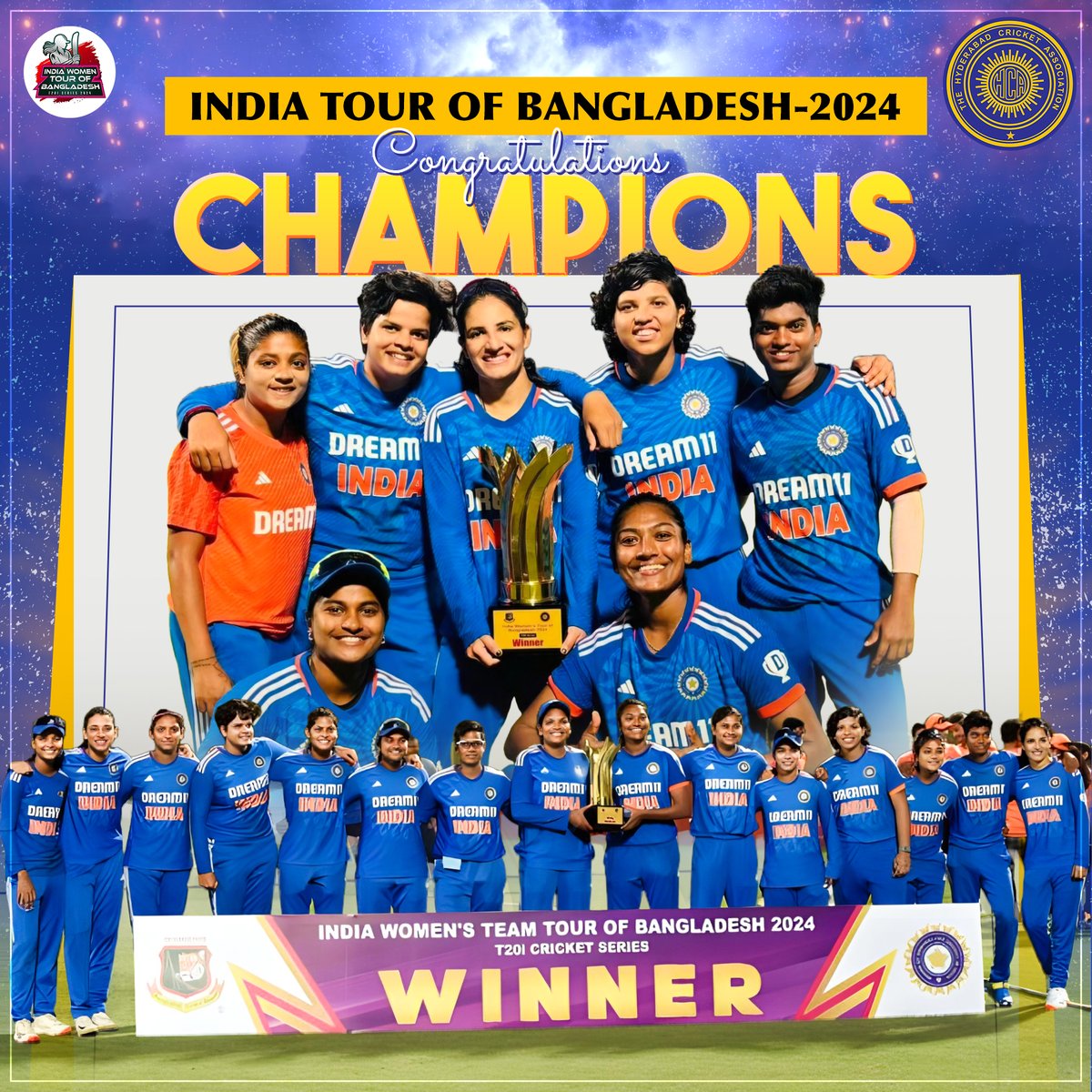 🏏🏆 Indian Women's Team Triumphs in Bangladesh! 🏆🏏
Congratulations to the Indian Women's Cricket Team on their spectacular victory in the 2024 T20I series tour of Bangladesh! Champions through and through, they've shown exceptional skill and teamwork. Here's to their continued…