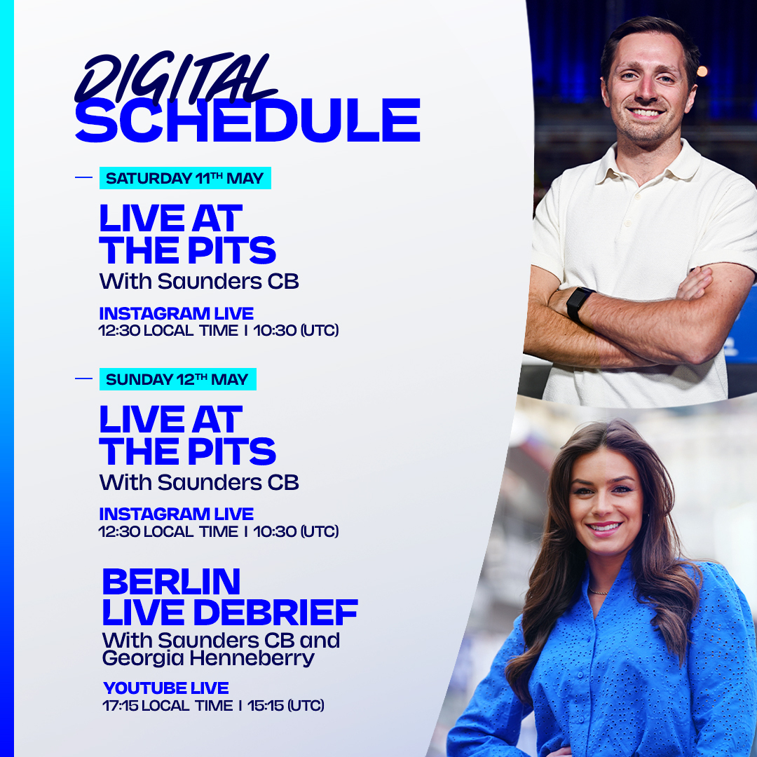 ❌📆 Mark your calendars! Stay up to date with all the latest from Tempelhof and join @saunderscb and @ghenneberry47 for our LIVE shows at the @SUNMINIMEAL #BerlinEPrix 🇩🇪