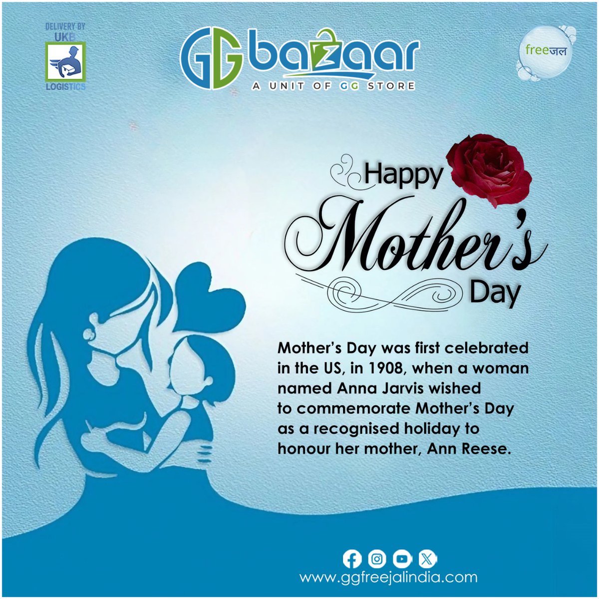 Celebrate the origin of Mother's Day! Did you know it was first celebrated in the US in 1908 by Anna Jarvis to honor her mother, Ann Reese? Happy Mother's Day to all the amazing moms out there!
.
#GGBazaar   #HonoringMoms #happymothersday #tributetomom #Mothersday2024