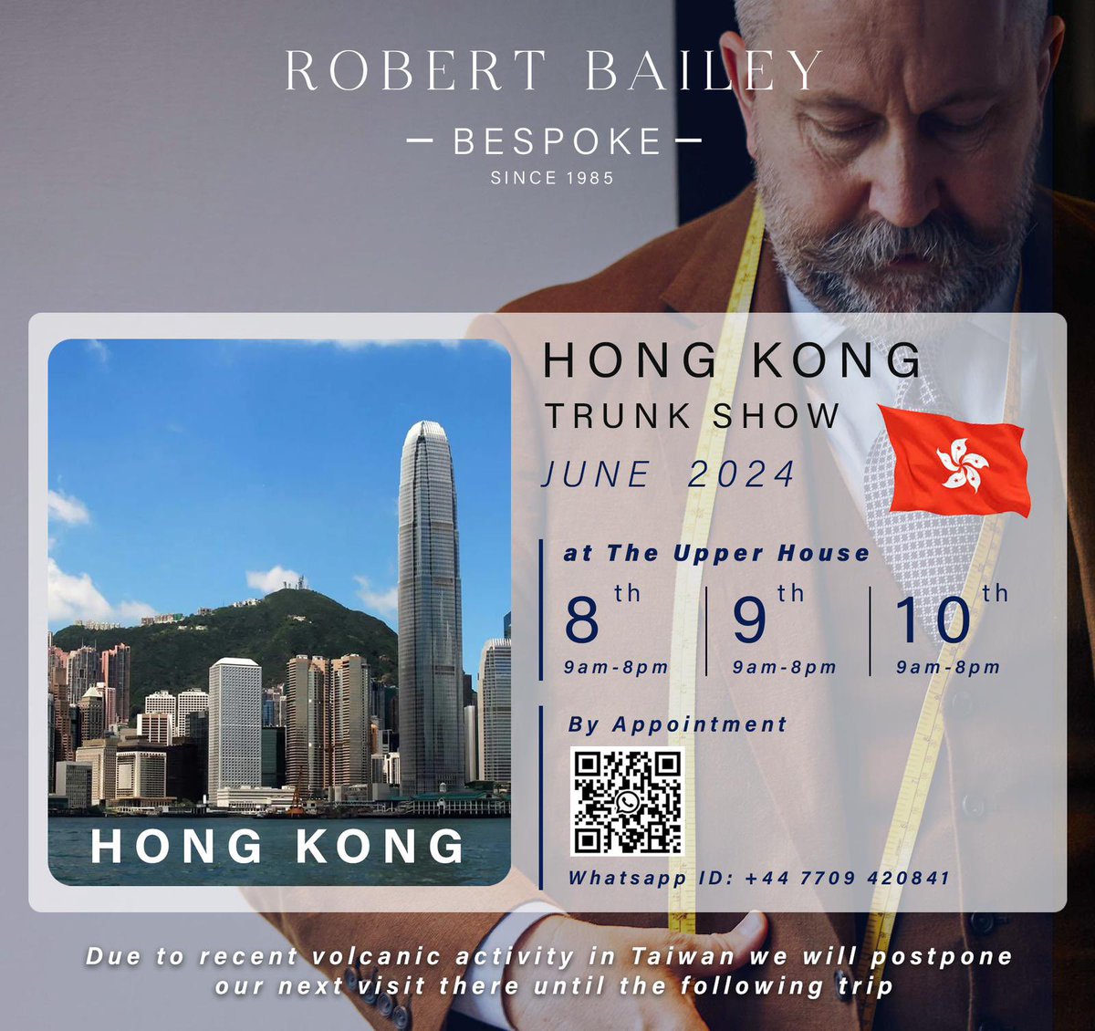 RobBaileyTailor's tweet photo. We will be in -
HONG KONG - The Upper House 

Saturday 8th June         9am - 8pm
Sunday 9th June            9am - 8pm
Monday 10th June          9am - 8pm 

We are now taking appointments for fittings and new orders. 

#HongKong #savilerow #bespoketailor https://t.co/lqiZdQ5n28