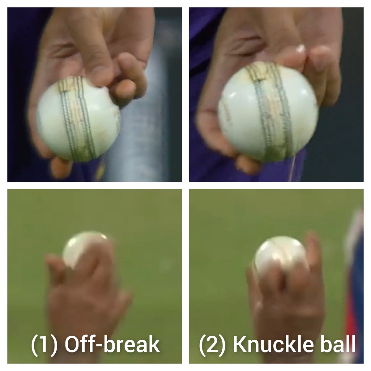 Sunil Narine's main variations - Off break (1) and Knuckle ball (2).

Off break spins right. Ball is deeper in his hand and spin is imparted using fingers and wrist.

Knuckle ball turns left. Ball is held with knuckles and flicked out using index and middlefinger.

SUBTLE CHANGE