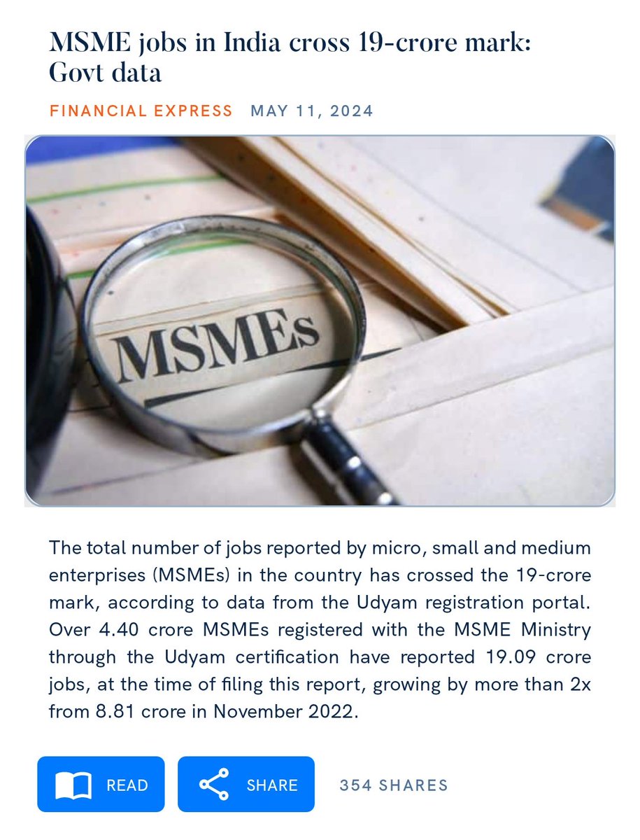 MSME jobs in India cross 19-crore mark: Govt data financialexpress.com/business/sme/m… via NaMo App