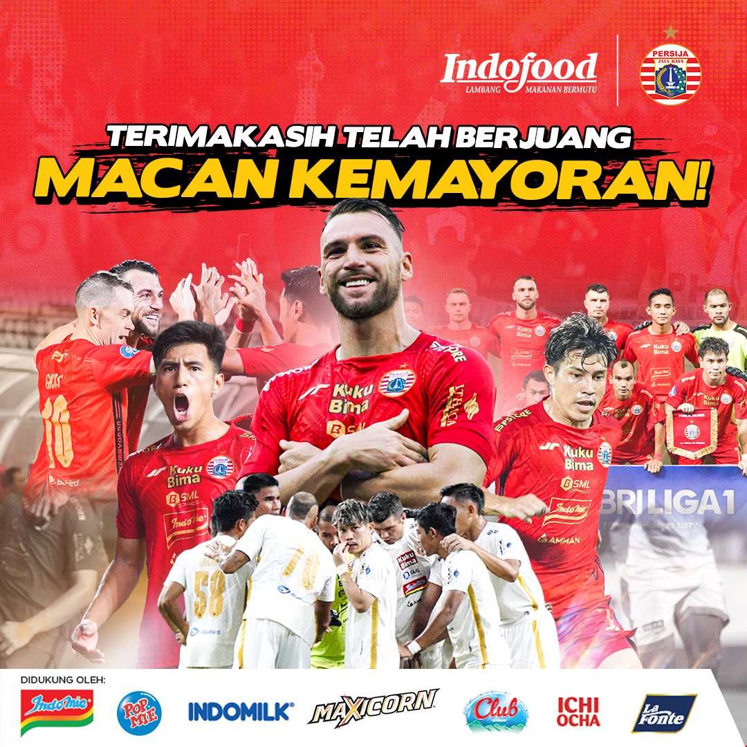 Liga 1 Regular Series sudah berakhir. Indofood sebagai official sponsor Persija mengucapkan terima kasih atas perjuangan Macan Kemayoran. Semoga Persija dapat berprestasi lebih baik lagi di musim selanjutnya. Terus semangat dukung Persija bersama Indofood!