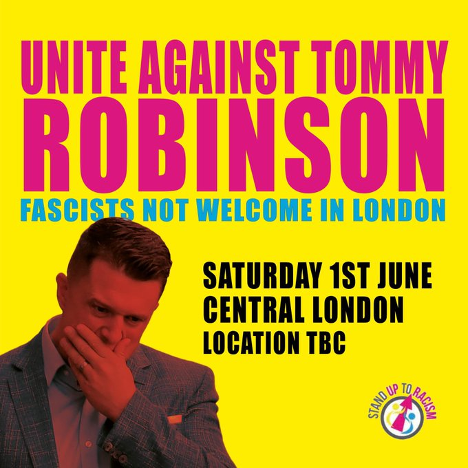 I see Stand Up To Racism @AntiRacismDay are trying to get a counter protest together for Jun 1st at Tommy @TRobinsonNewEra's event in Whitehall. No worries, the police will segregate the 2 groups & they will be vastly outnumbered. If not, many will valiantly defend you.