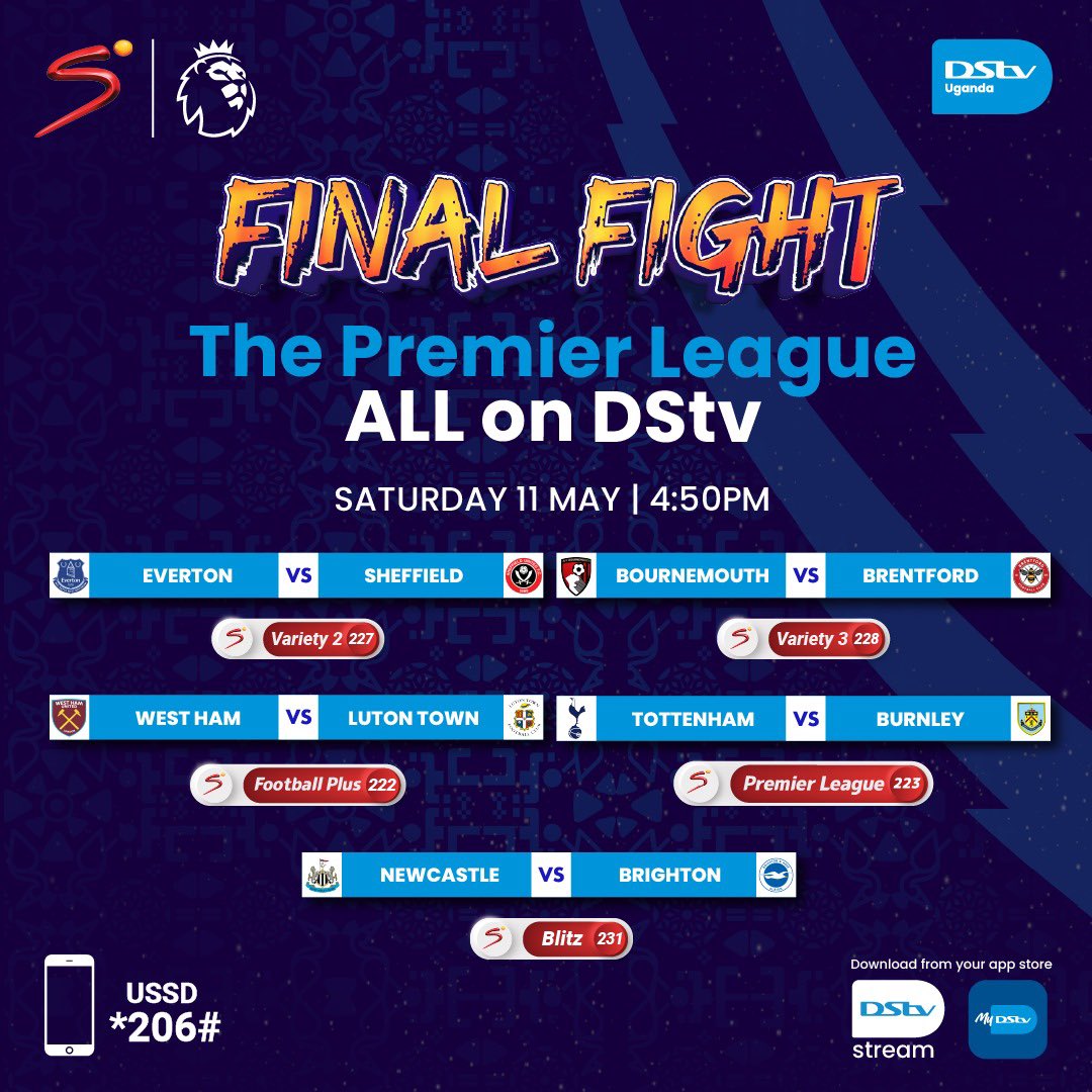 The Premier League ends next weekend.😭 Therefore, make it a point to watch ALL the games as they come starting with #FULMCI at 2.30PM & the rest of the fixtures. @DStvUganda has all the moments & late PL drama on DStv Compact Package. #KatiGunyume