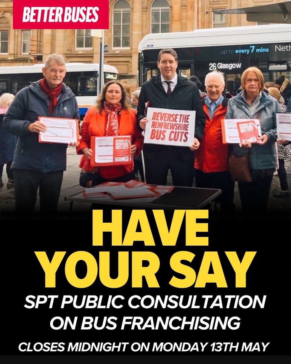 📣 Your chance to demand better bus services 📣 Please take five minutes to respond to SPT's consultation on bus franchising before it closes on Monday (13th). Let's bring local buses under local control. spt.co.uk/about-us/what-…