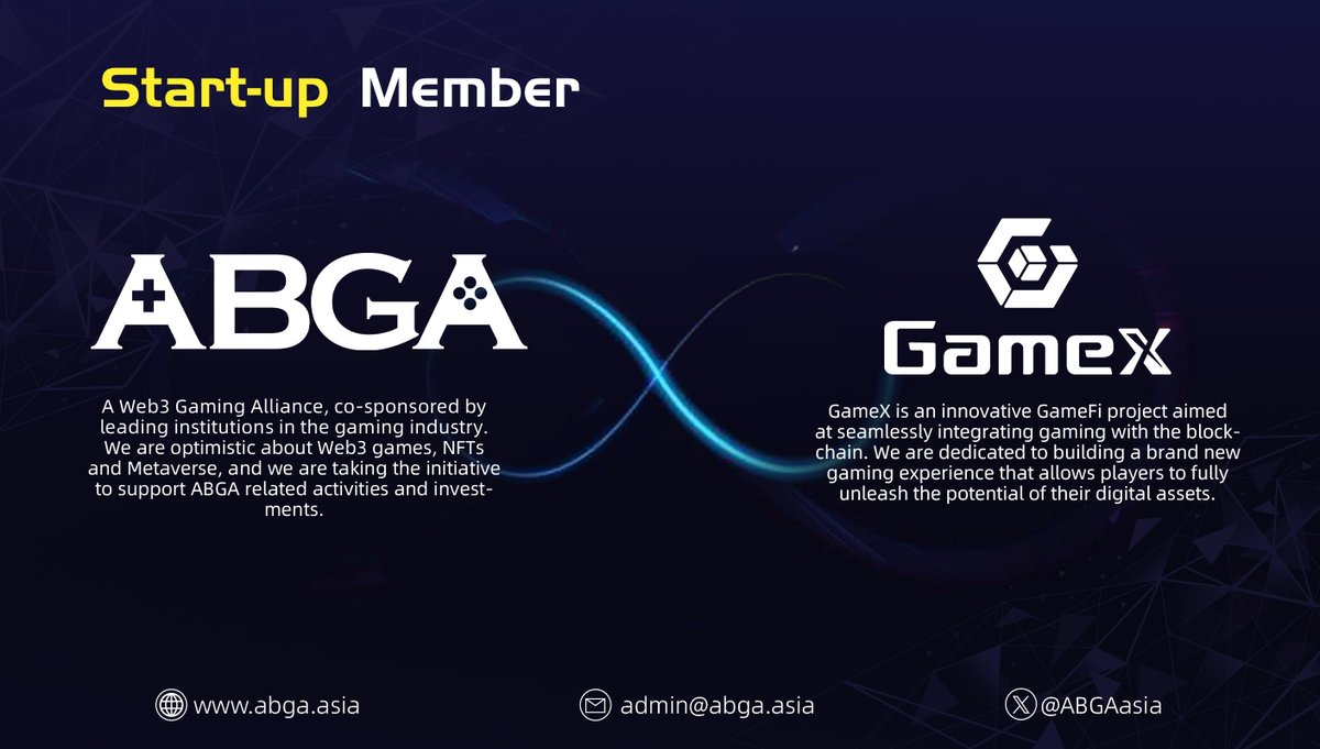 We are honored to announce @gamex_fi as #ABGA Start-up Member. Welcome to join us! GameX is an innovative GameFi project aimed at seamlessly integrating gaming with the blockchain.