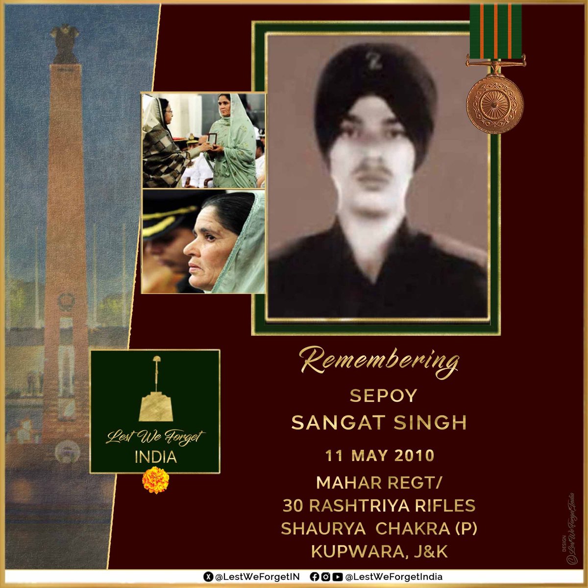 #LestWeForgetIndia🇮🇳 Sepoy Sangat Singh, Shaurya Chakra (P), MAHAR REGT / 30 Rashtriya Rifles, laid down his life fighting terrorists #OnThisDay 11 May in 2010 at Kupwara, Jammu & Kashmir Remember the gallant #IndianBrave & his supreme sacrifice for the Nation 🏵️