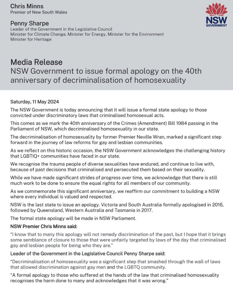 This apology will help heal the harm caused by past laws that criminalised the LGBTIQA+ community. It’s also a timely reminder that NSW still has the worst LGBTIQA+ rights in the country, something my Equality Bill will fix once it hopefully passes the NSW Parliament 🏳️‍⚧️🏳️‍🌈