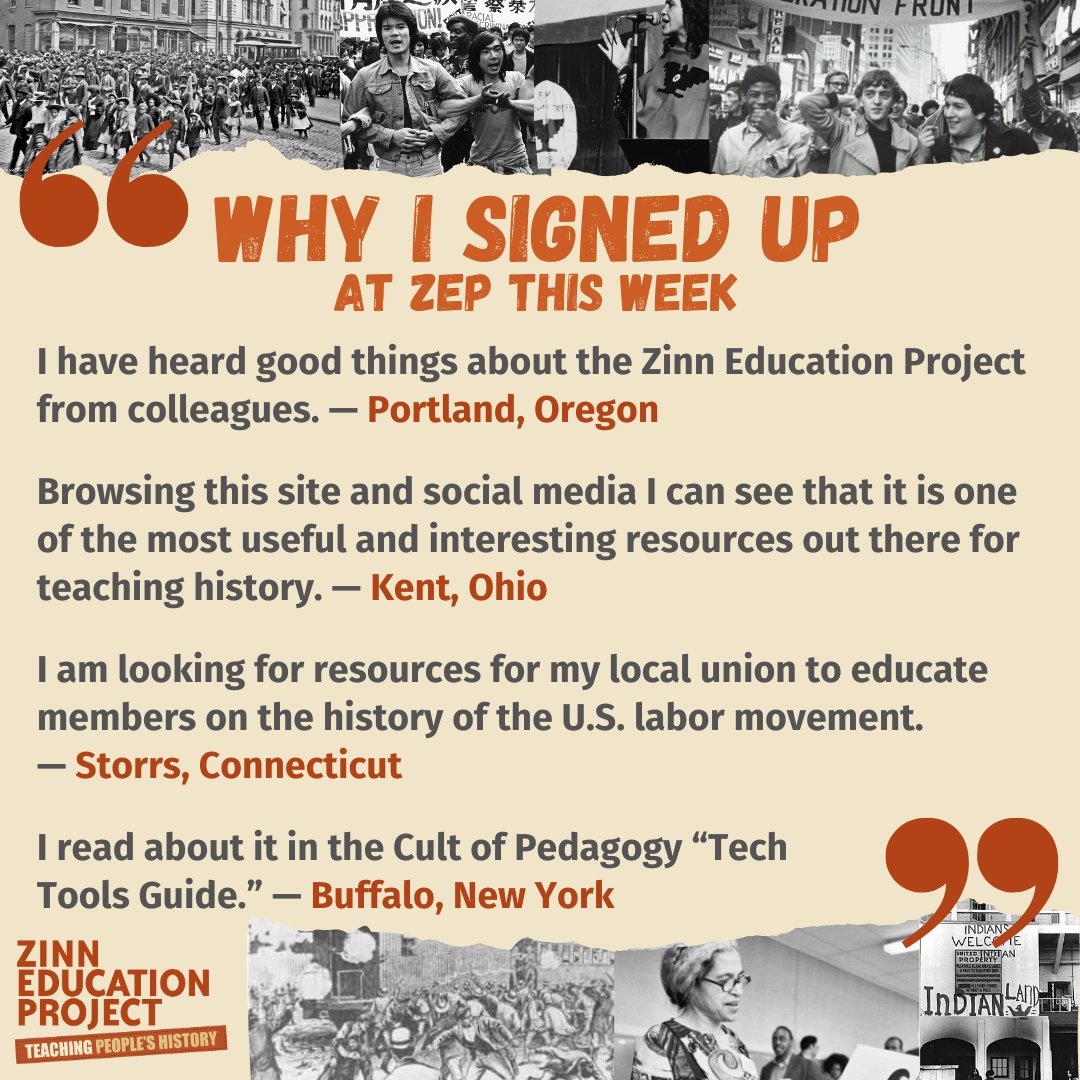 Friday report: This week 159 teachers signed up at ZEP for people’s history lessons from Modesto, CA; Storrs, CT.; Hagerstown, MD; Buffalo, NY; Kent, OH; Portland, OR; Marietta, PA; Providence, RI; Ladson, SC; Seattle, WA; Bridgeport, WV; & many more cities. Some reasons why ⬇️