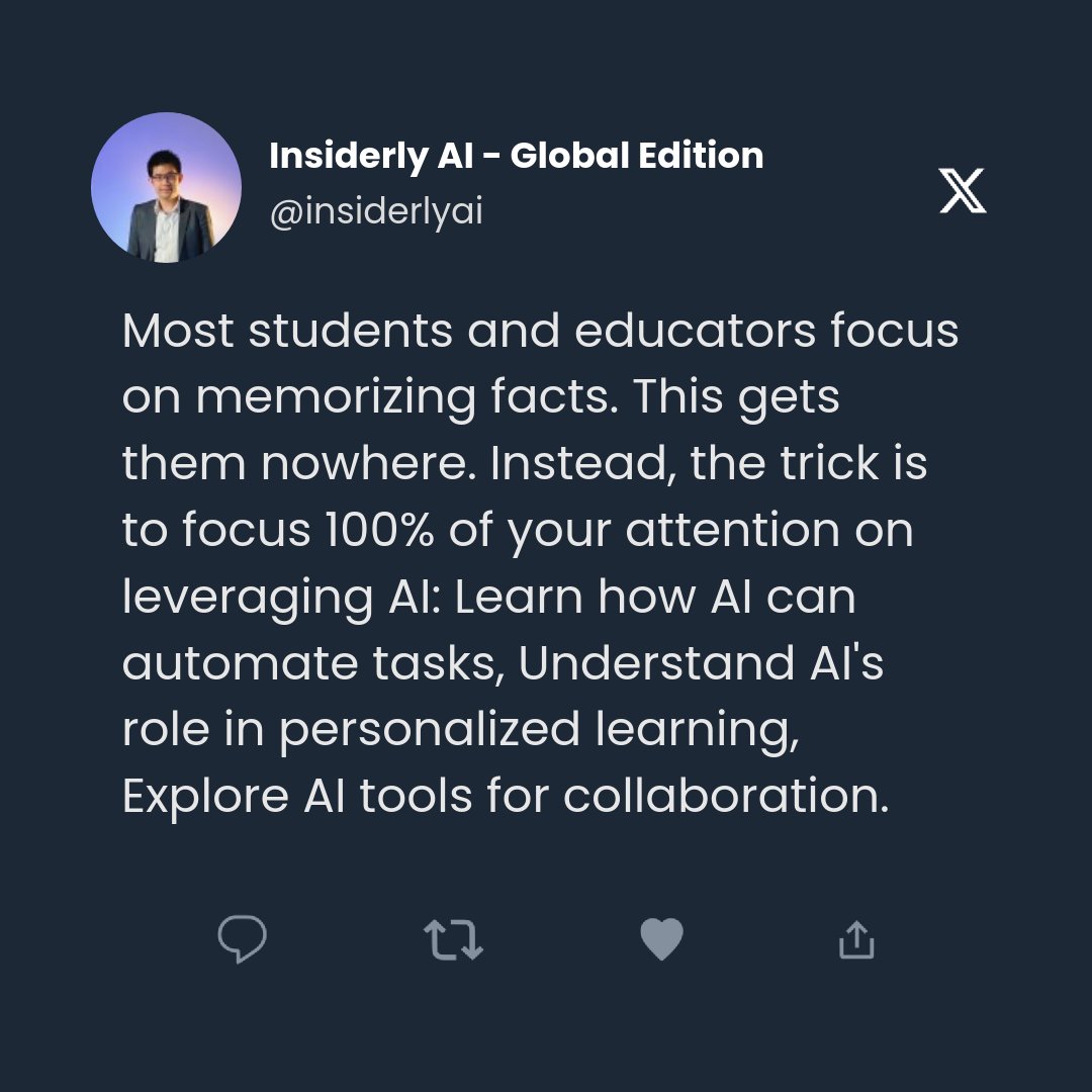 Let's make learning and teaching smarter, not harder! 🧠💡 Dive into AI with us and revolutionize your approach.✨ Share your AI learning experience or tag an educator! 🤖📚 Visit our website: insiderly.ai #AIinEducation #FutureofLearning #InsiderlyAI