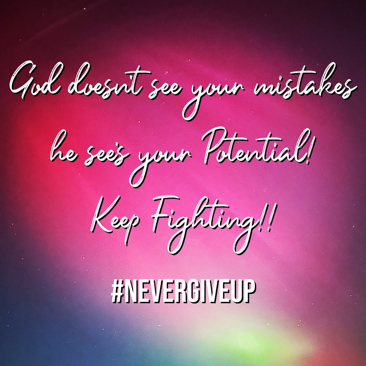 God doesn’t see your mistakes he see’s your Potential! 
Keep Fighting!! #nevergiveup #nevergivein #dontgiveup #keepfighting #trustgod #walkbyfaithnotbysight