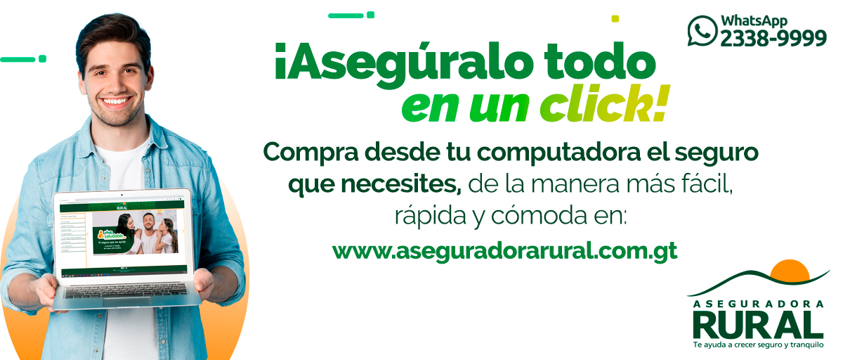 Adquiere el seguro que necesitas ingresando a la página web de #AseguradoraRural, fácil y rápido, desde la comodidad de tu casa u oficina. 💻📱 ¡Asegúrate hoy mismo! Más información: ✅ WhatsApp: 2338-9999 📧 Correo: servicio.cliente@aseguradorarural.com.gt