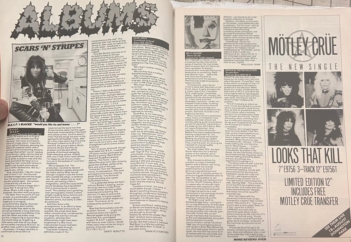 #Kerrang reviews for the debut #WASP album, #ConditionCritical from #QuietRiot, #PurpleRain from #Prince and 'Signs of Life' from #BillySquier.  ALSO, a small ad for the NEW #MotleyCrue single, 'Looks That Kill.'  Epic shit here. #hairmetal