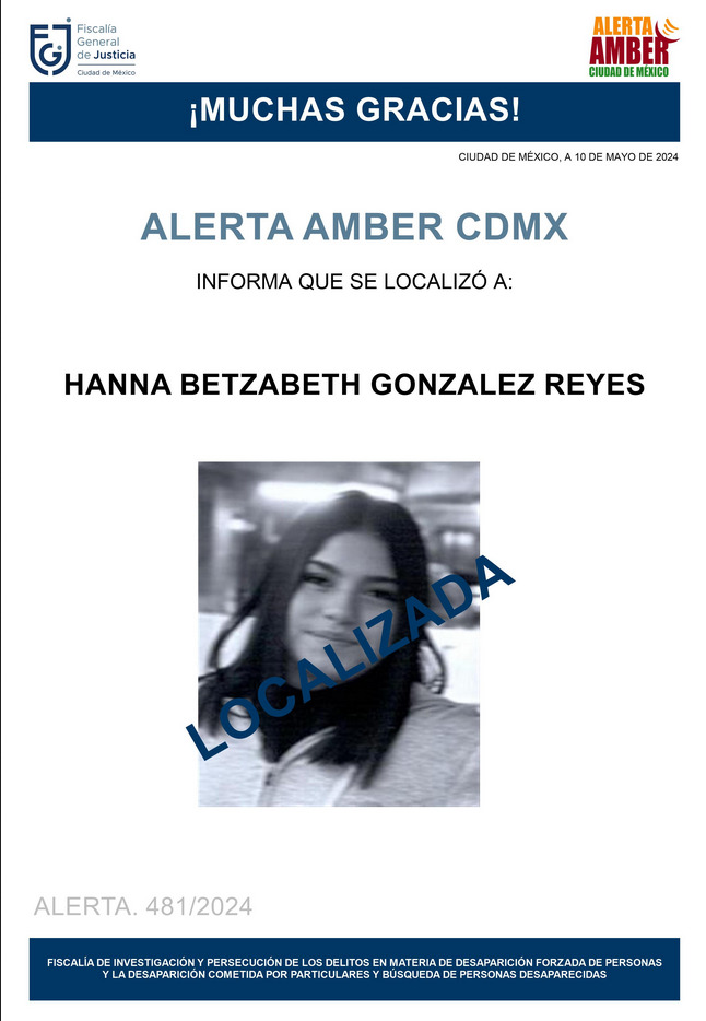 Ha sido localizada la menor de edad, Hanna Betzabeth González Reyes, agradecemos a la ciudadanía, medios de comunicación e instituciones. Se desactiva #AlertaAmber