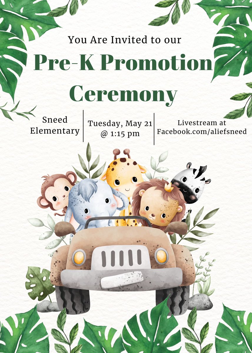 Join us for our Pre-Kinder Graduation on Tuesday, May 21st at 1:15 PM. Parents who cannot attend in person can watch the live stream on Sneed's Facebook page. Check the attached flyer for more information.