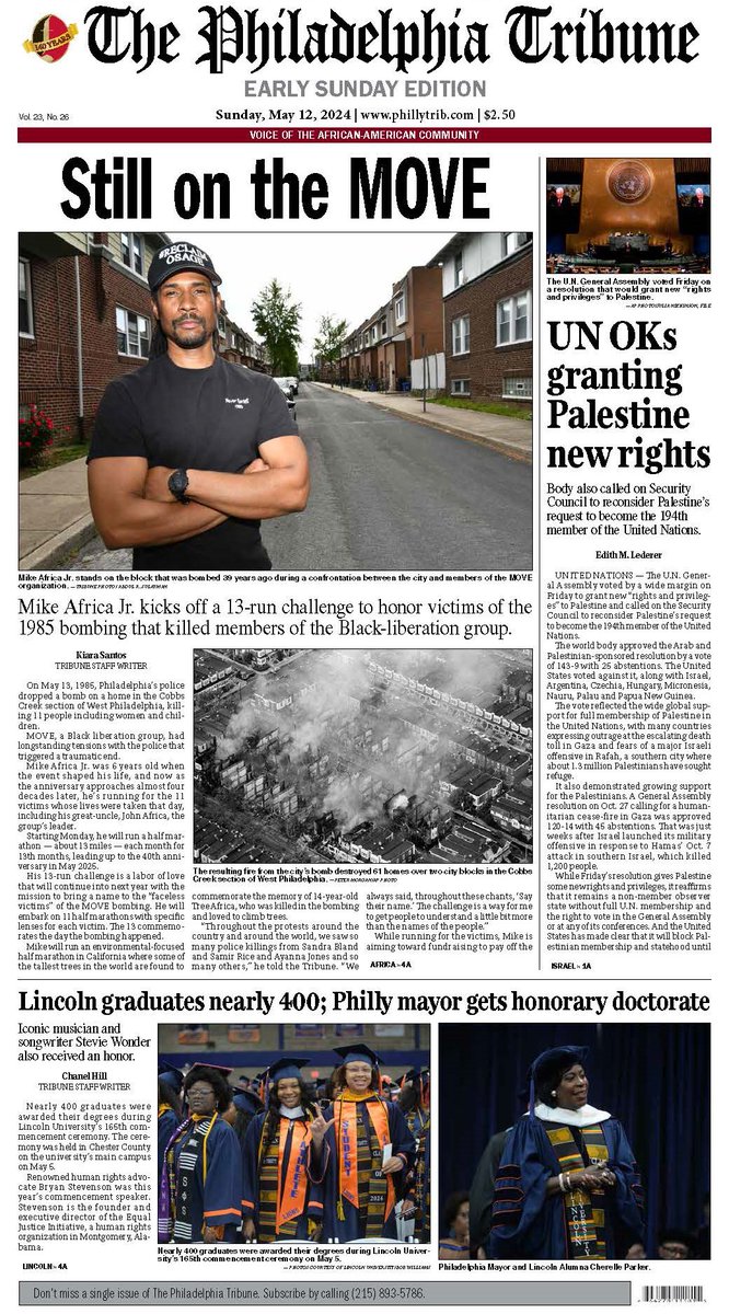 Sunday's front -- Mike Africa Jr. is running 13 half marathons in honor of the victims of the MOVE bombing almost 40 years ago. We also talked to Janine Africa, who was incarcerated after the standoff in 1978. While in prison, her son died after the bomb dropped on May 13, 1985.