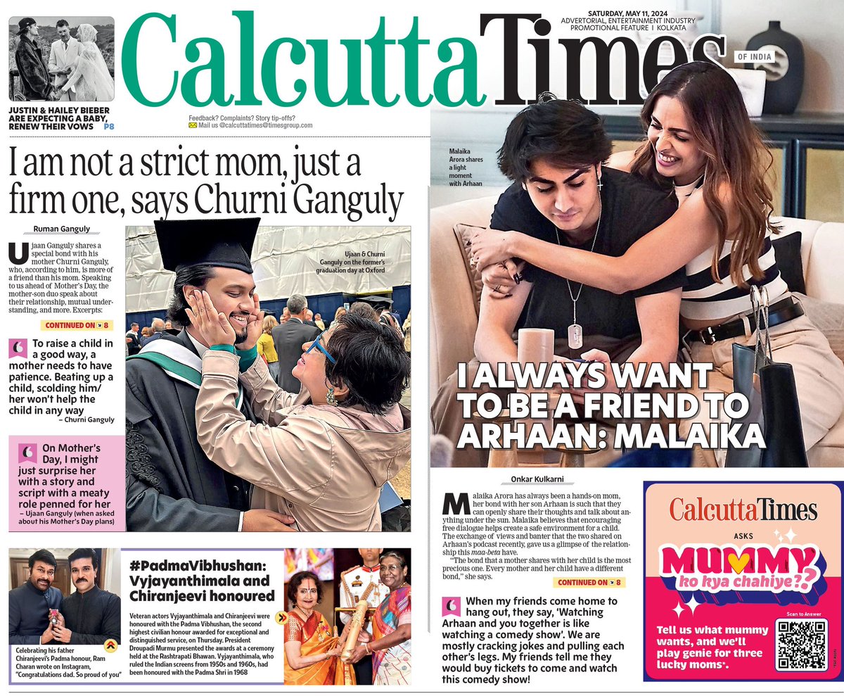In today's Calcutta Times: An exclusive interview with Churni Ganguly and Ujaan Ganguly ahead of mother's day, Malaika Arora talks about her bond with son Arhaan,and more #mothersday #churniganguly #ujaanganguly #exclusive #motherson #calcuttatimes