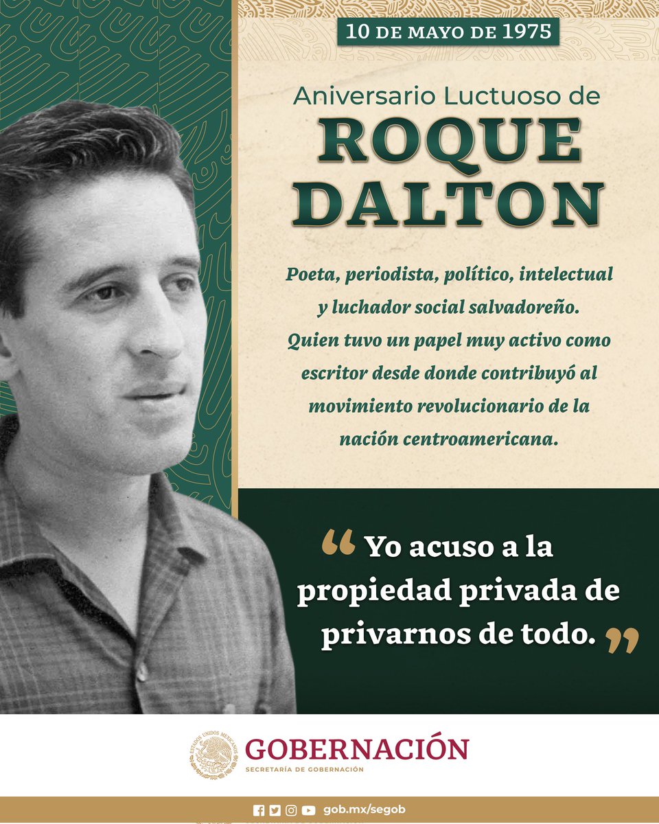 #UnDíaComoHoy, pero de 1975, es asesinado Roque Dalton por el grupo guerrillero Ejército Revolucionario del Pueblo. Es autor de “Mía junto a los pájaros”, “La ventana en el rostro”, “El mar”, entre otros.