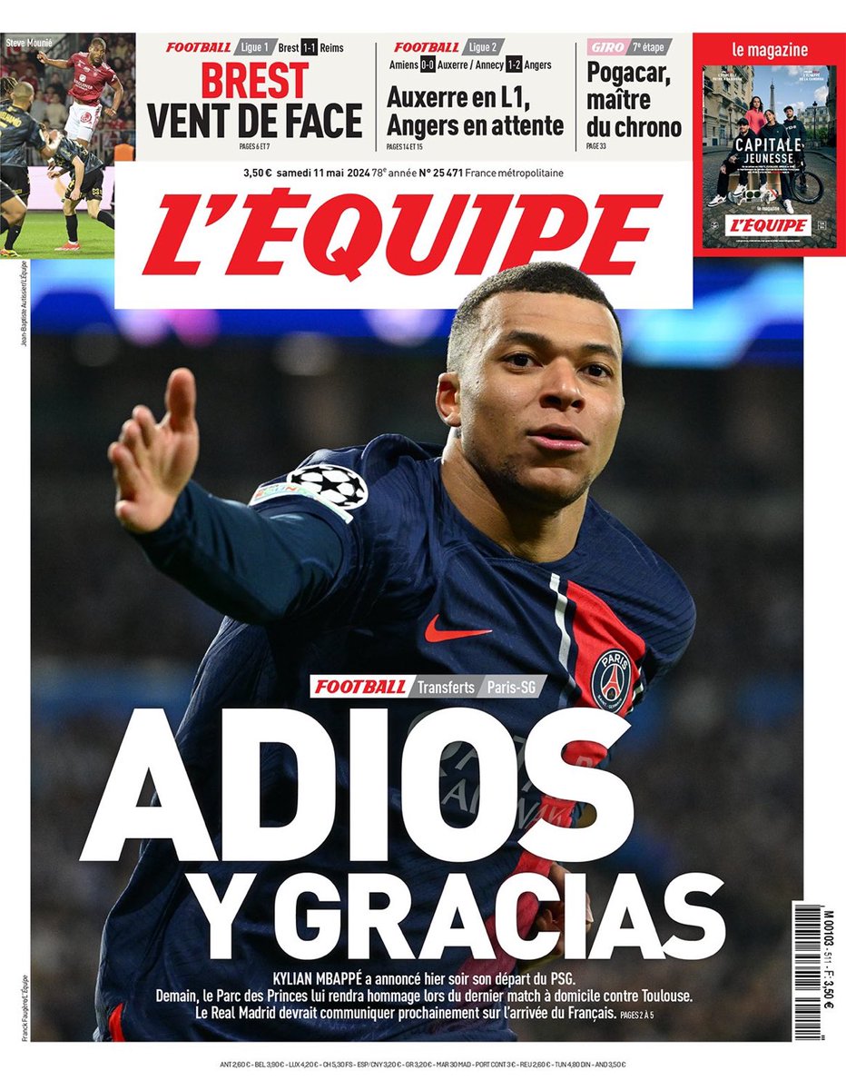 Tremenda portada del @lequipe despidiendo a Mbappe de Francia. Dime que se va al Real Madrid sin decirme que se va al Real Madrid.