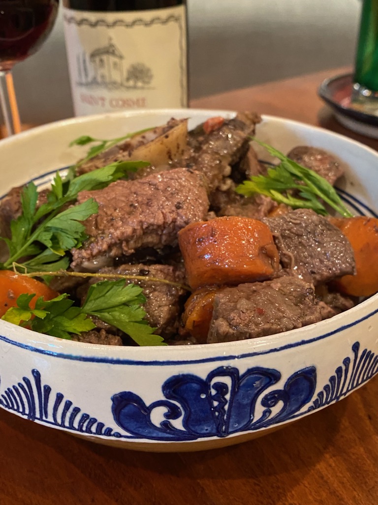 On this day in 1787, Jefferson arrived in Nimes in the south of France. We marked the occasion with a daube, a Provencal stew—TJ copied down a recipe for it . We paired this stew with an honest Cote du Rhone and were instantly traveling in Provence, if only in our minds.