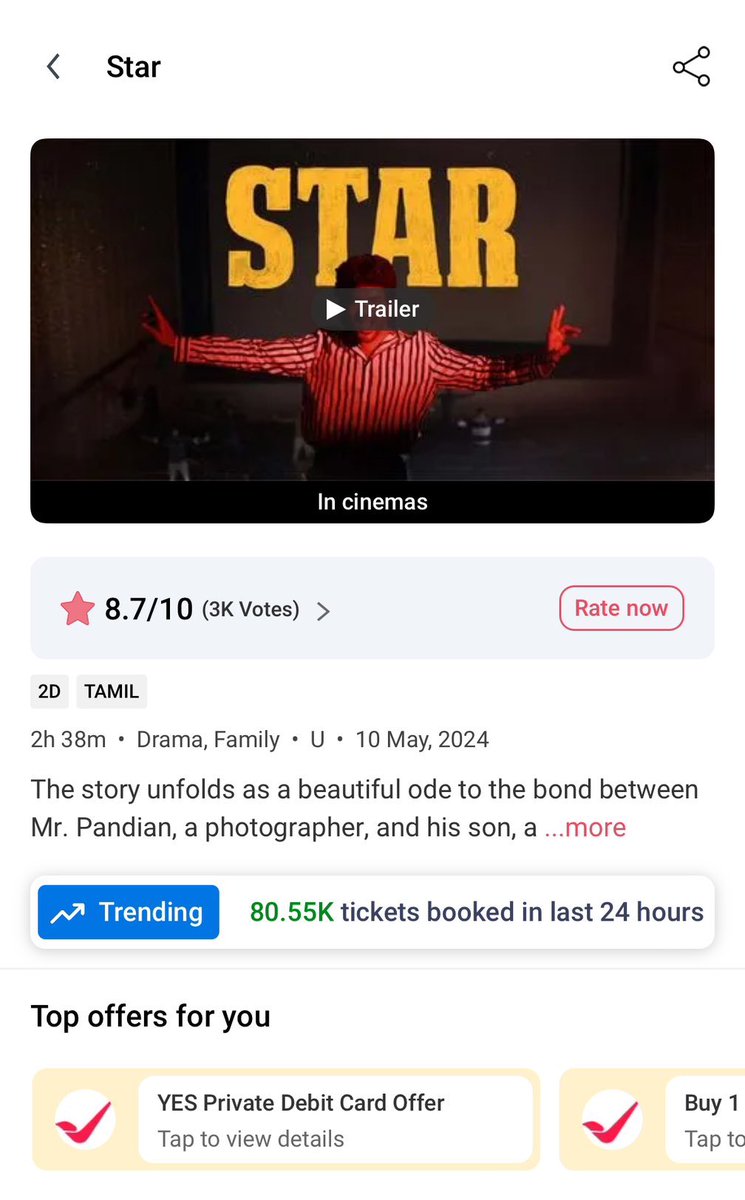 Karthikravivarm's tweet photo. #Star - 80.55K tickets sold in 24 hours on BookMyShow 💥 https://t.co/c8AjZejbiE