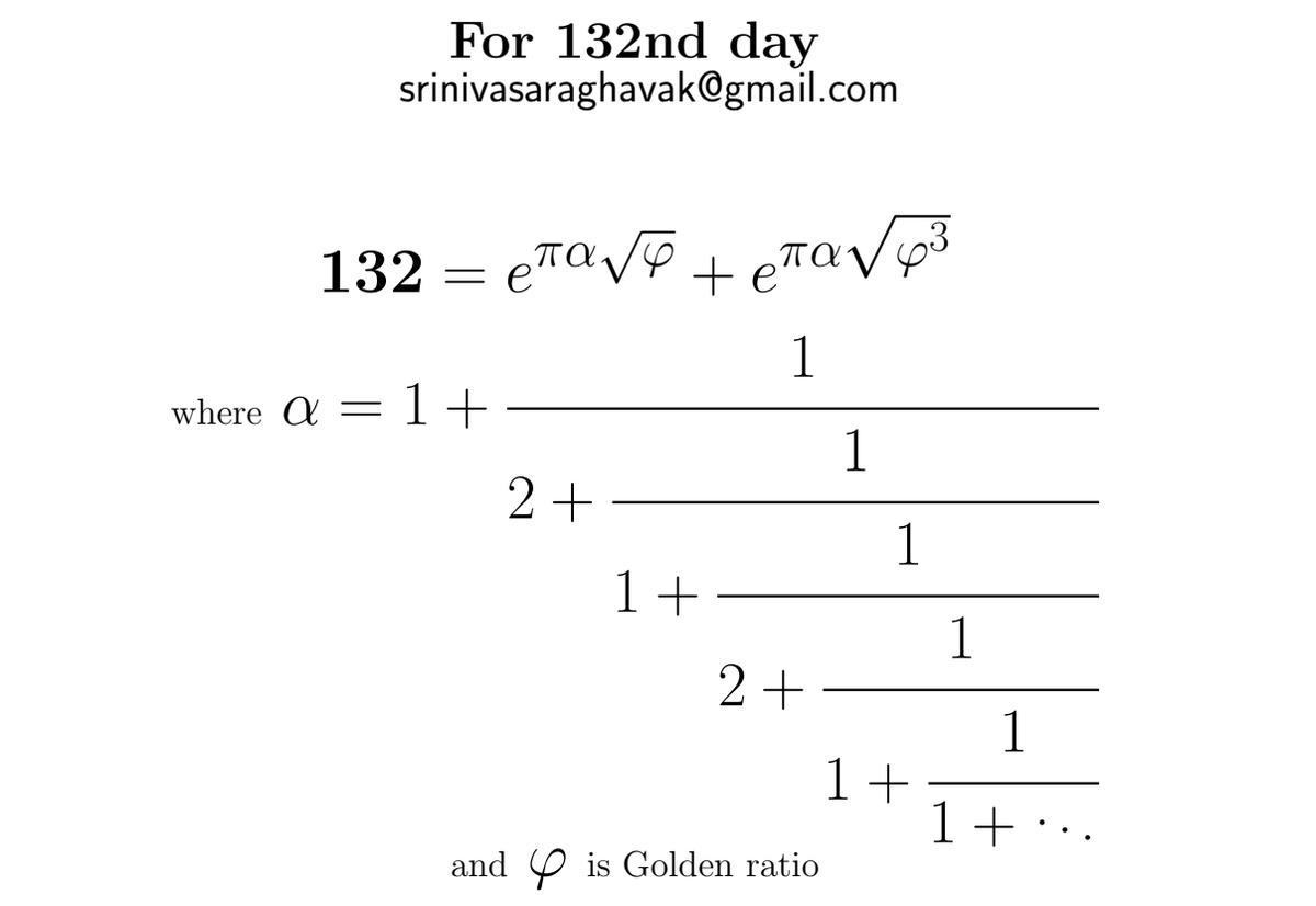 On the 132nd day of the year, we celebrate a fascinating mathematical identity that connects an intriguing continued fraction with the exponential function and the Golden ratio.